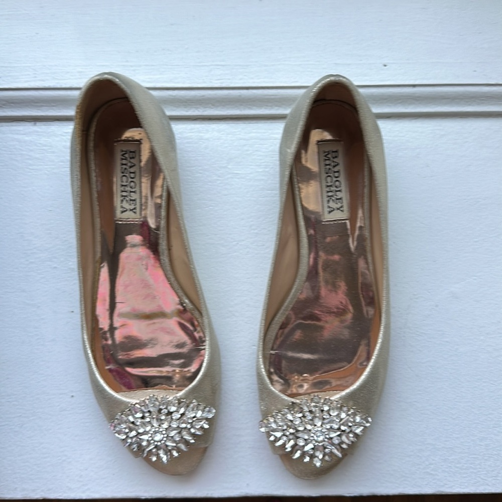 Badgley Mischka Gold Peep-Toe Flats - Picture 2 of 5